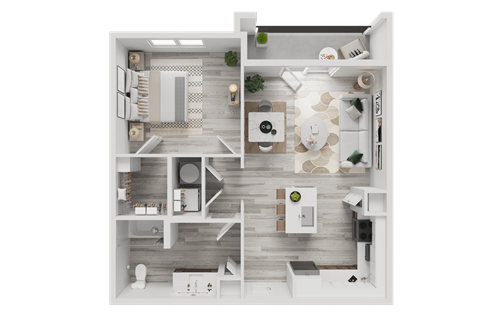 A top-down view of a modern apartment layout with a kitchen, living room, and bathroom.